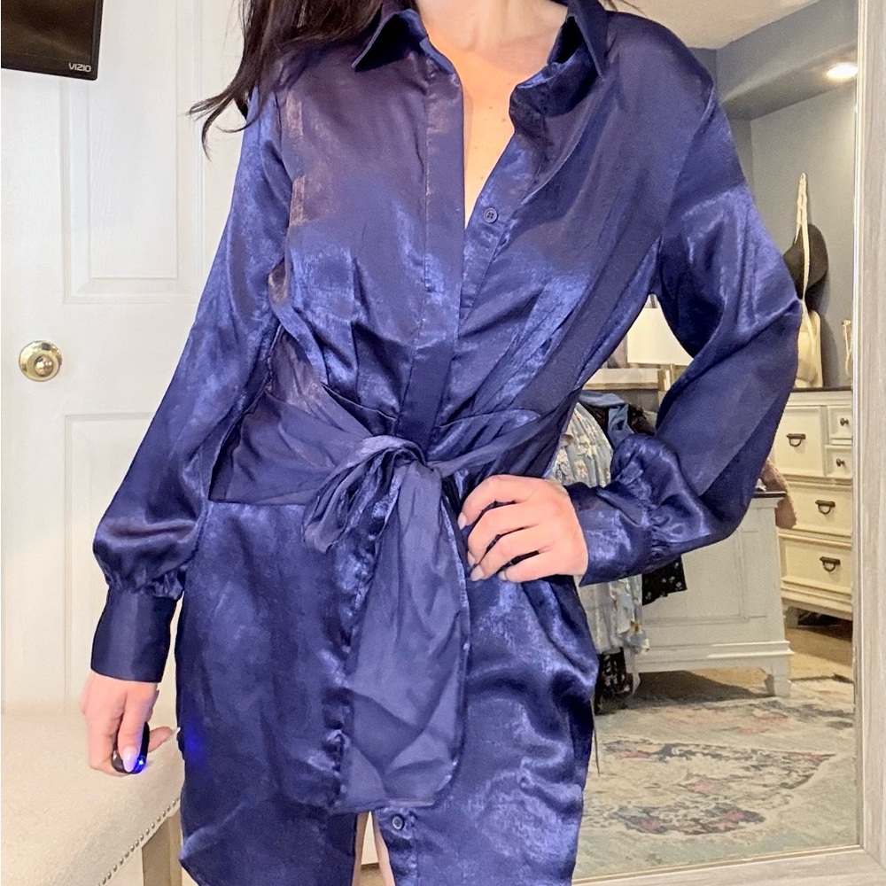 Lulus NWT Wrap Silk Blue Shirt Dress